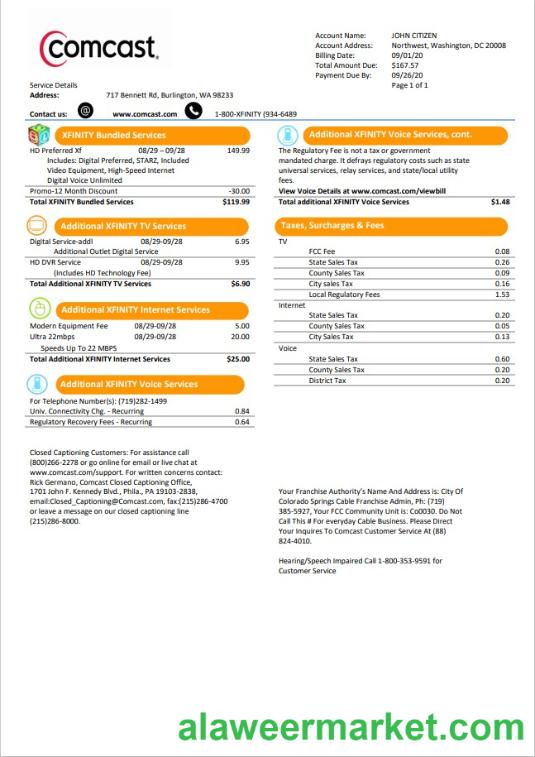 USA Utah Comcast utility bill template in Word and PDF format version 1